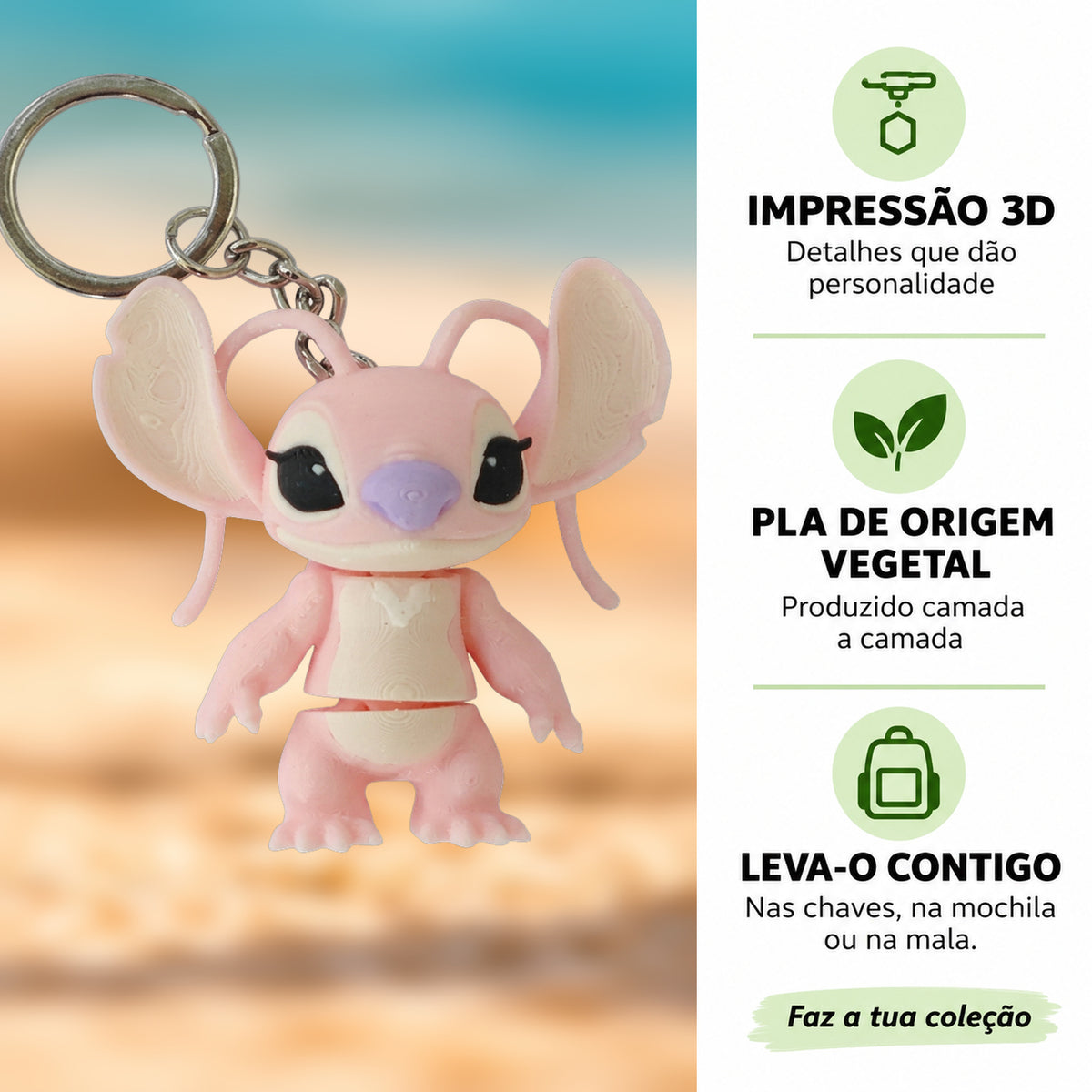 Porta-chaves Angel em destaque com fundo desfocado, impressão 3D e PLA de origem vegetal.