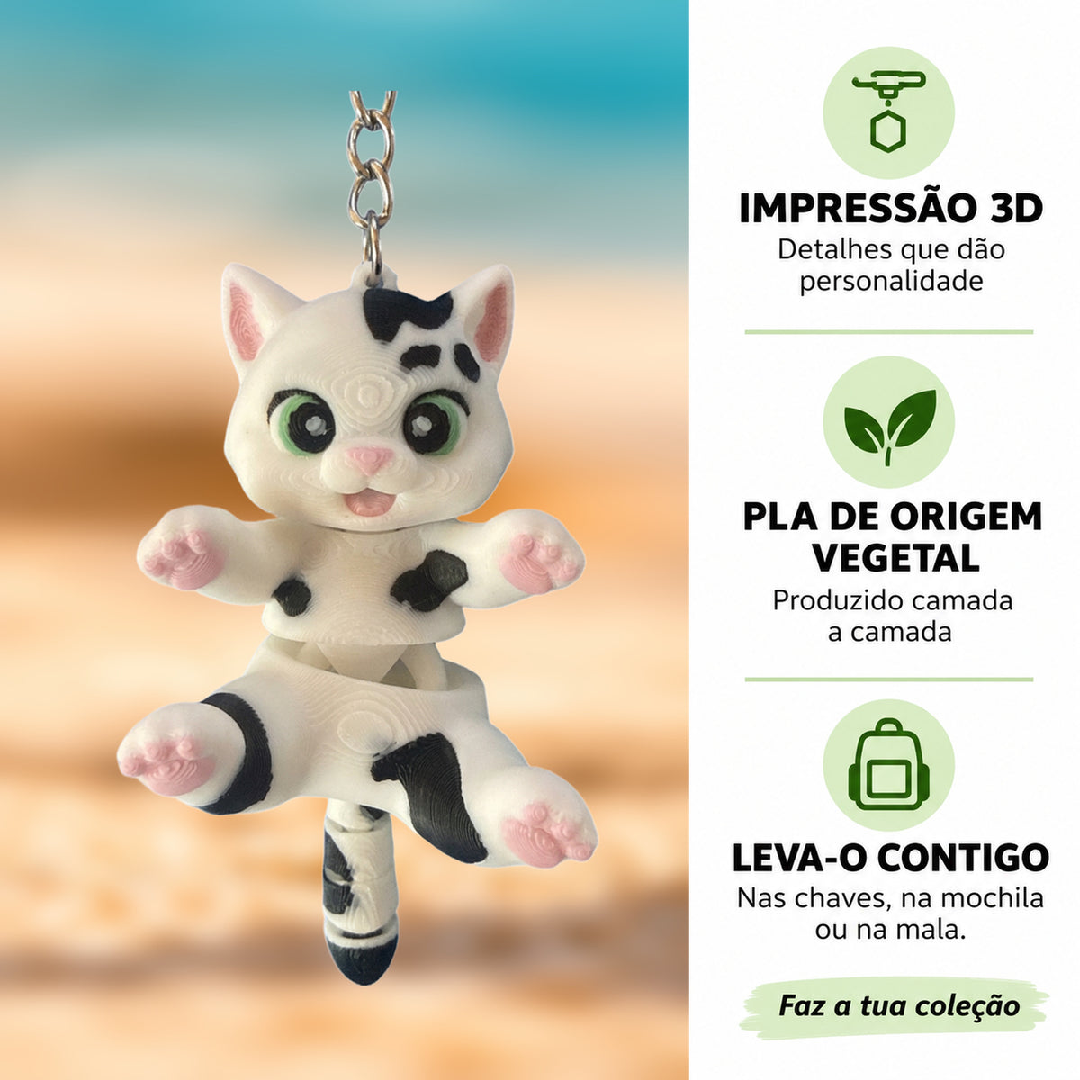 Porta-chaves Gatinho Malhado em destaque com informações sobre impressão 3D e PLA