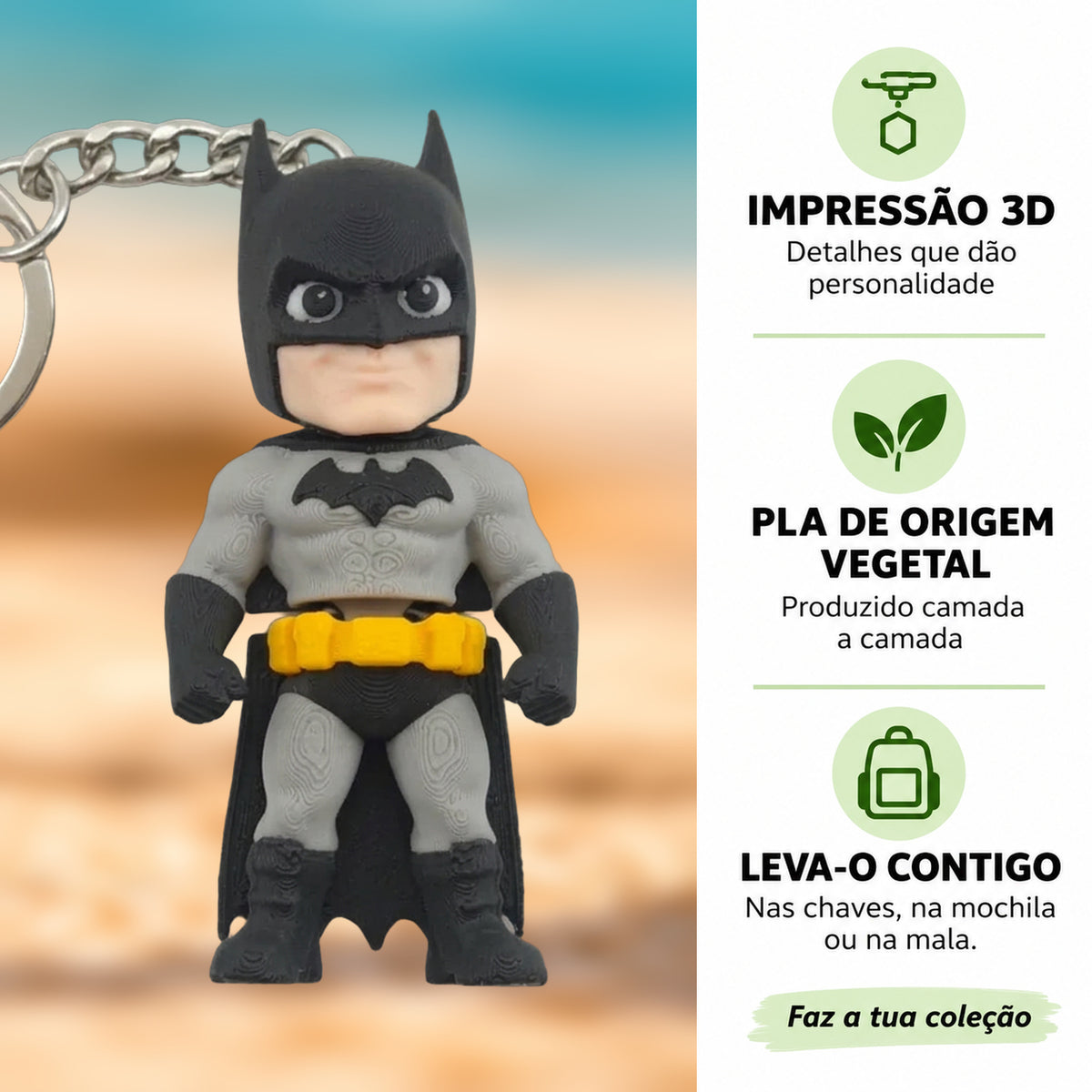 Porta-chaves Batman em destaque com fundo desfocado, impressão 3D e PLA de origem vegetal.