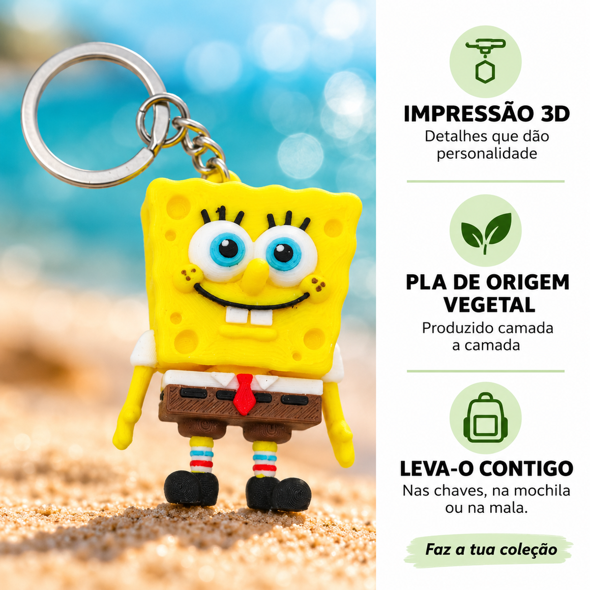 Porta-chaves Bob Esponja com fundo desfocado: impressão 3D, PLA de origem vegetal e utilização nas chaves, mochila ou mala