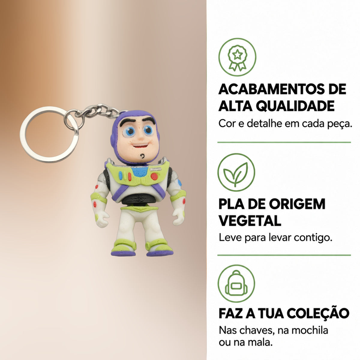 Porta-chaves Buzz Lightyear com fundo desfocado e informações sobre acabamentos, PLA e coleção.