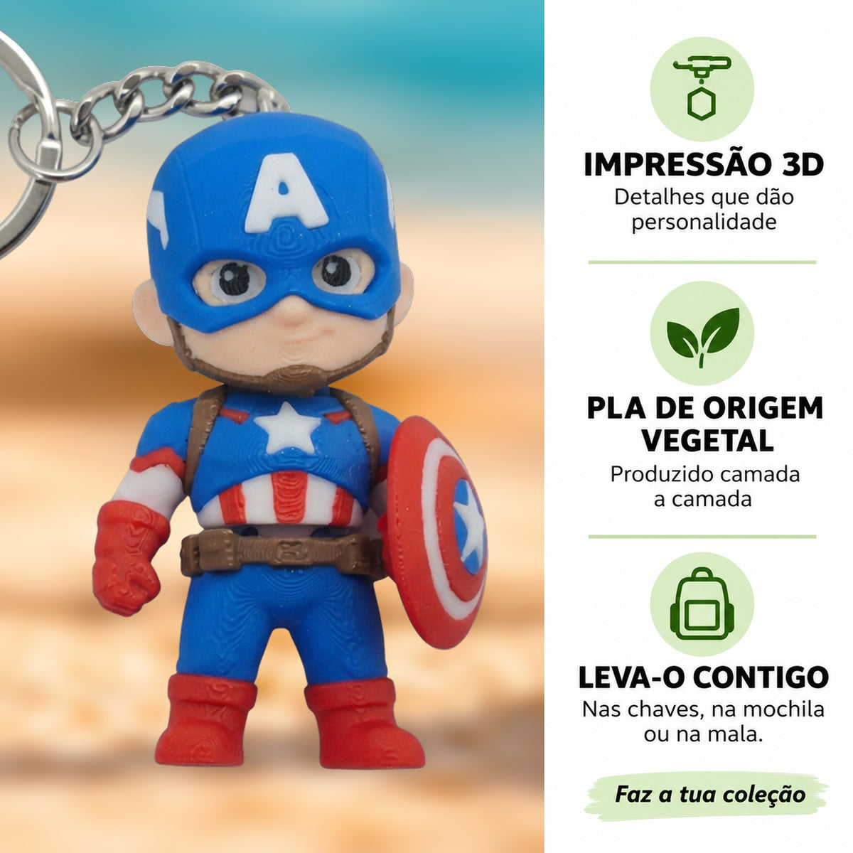 Porta-chaves Capitão América em destaque com fundo desfocado, impressão 3D e PLA de origem vegetal.