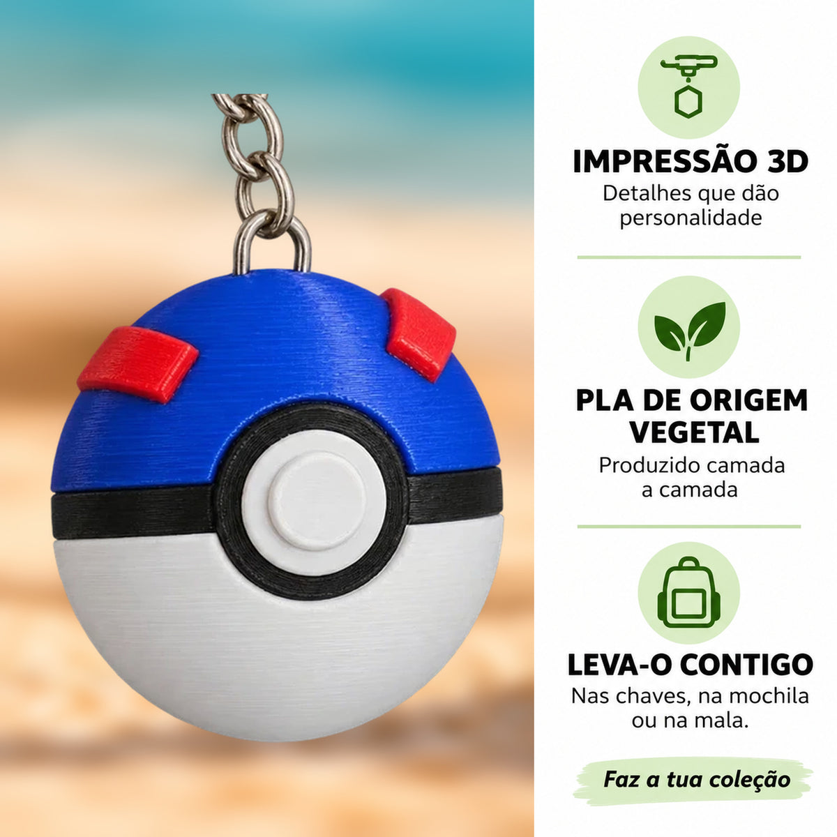 Porta-chaves Clicker Great Ball em destaque com informações sobre impressão 3D e PLA
