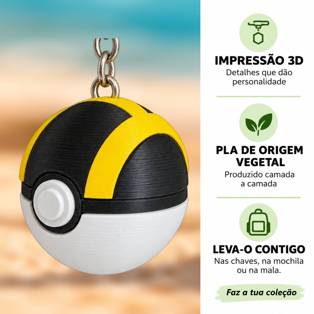 Porta-chaves Clicker Ultra Ball em destaque com informações sobre impressão 3D e PLA