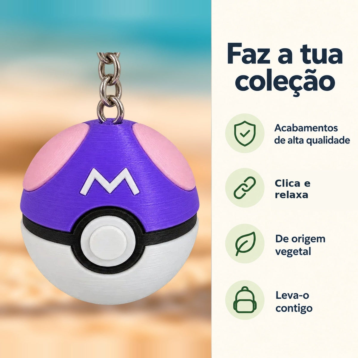 Porta-chaves Clicker Master Ball — Faz a tua coleção, com informações e ícones verdes