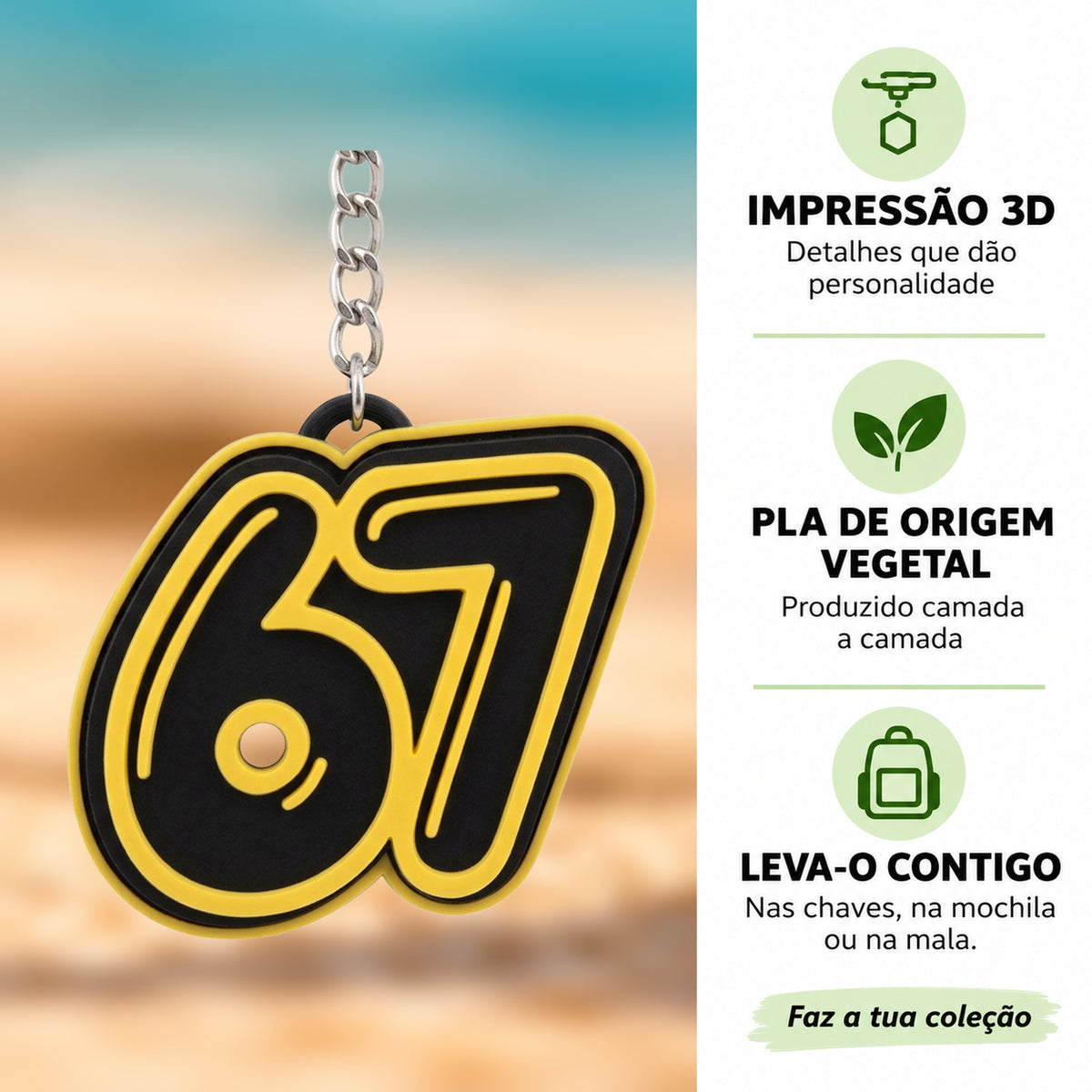 Porta-chaves Clicker SixSeven Amarelo em destaque com informações sobre impressão 3D e PLA