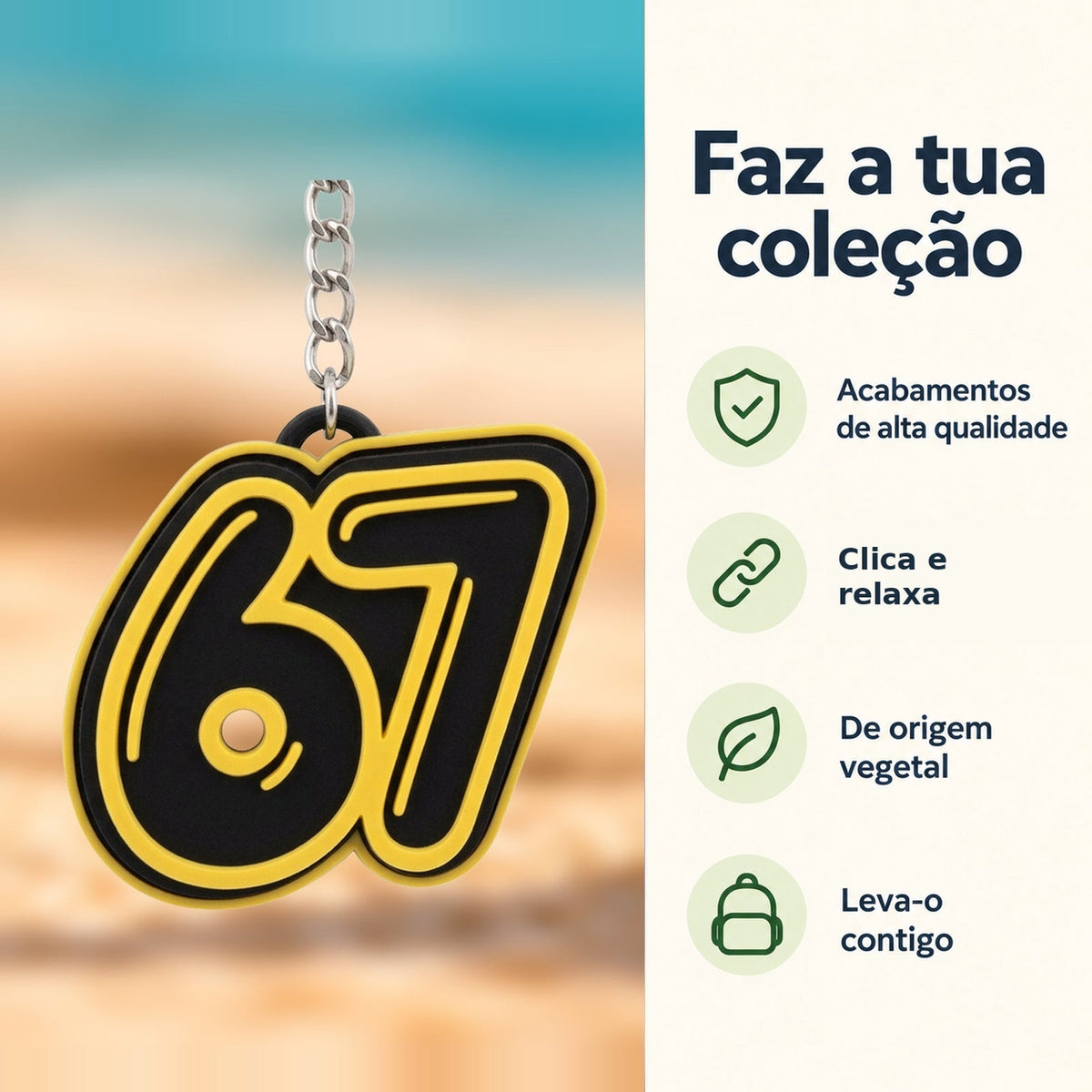 Porta-chaves Clicker SixSeven Amarelo — Faz a tua coleção, com informações e ícones verdes