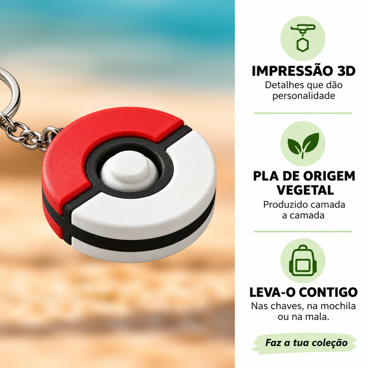 Porta-chaves Giratório Pokébola Vermelho em destaque com informações sobre impressão 3D e PLA