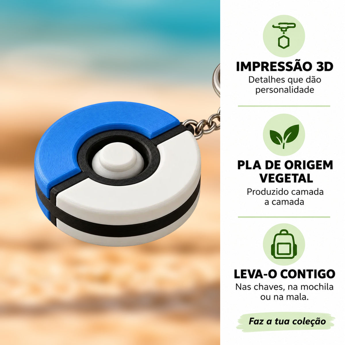Porta-chaves Giratório Pokébola Azul em destaque com informações sobre impressão 3D e PLA
