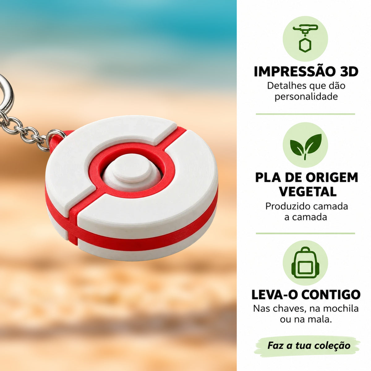 Porta-chaves Giratório Pokébola Branco e Vermelho em destaque com informações sobre impressão 3D e PLA