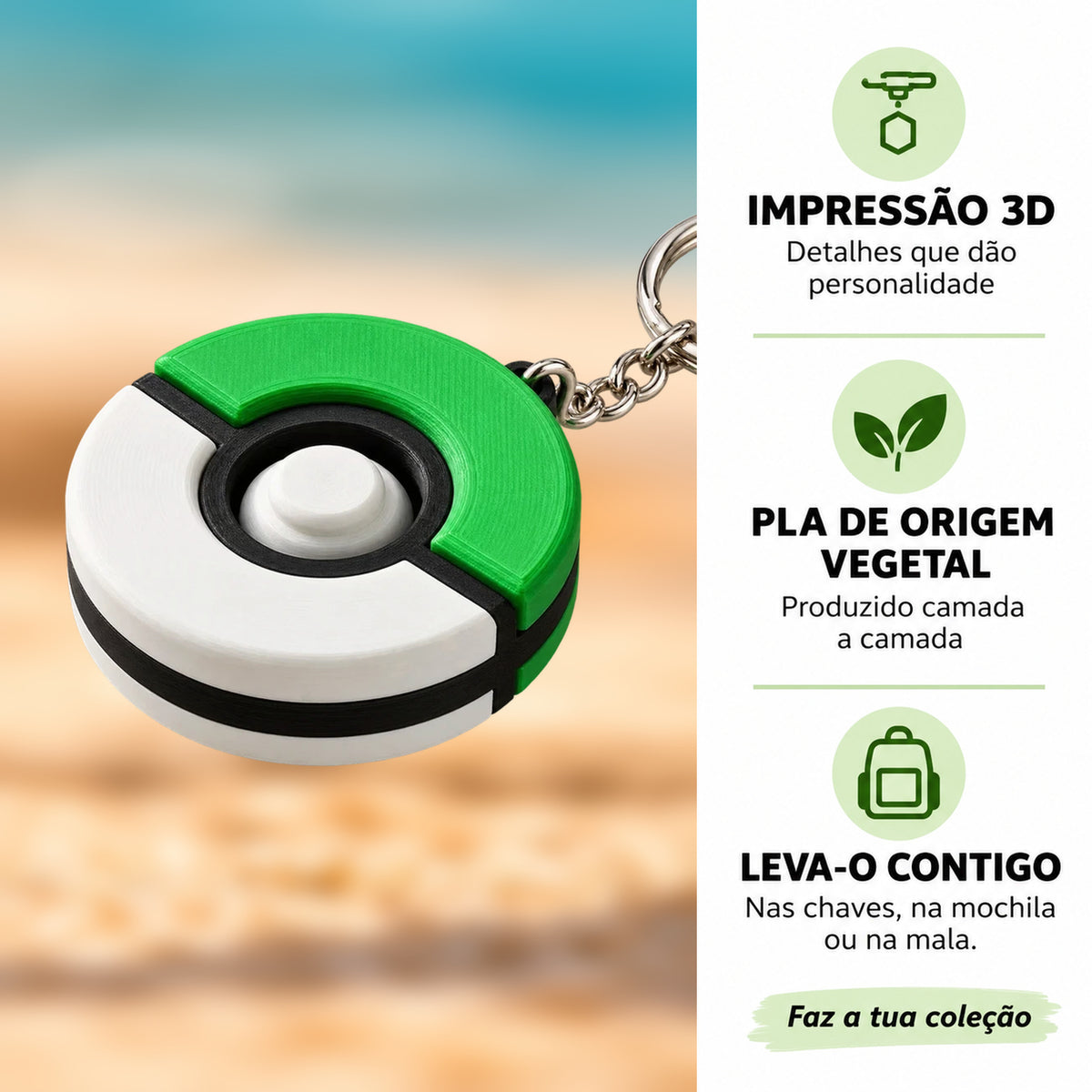 Porta-chaves Giratório Pokébola Verde em destaque com informações sobre impressão 3D e PLA