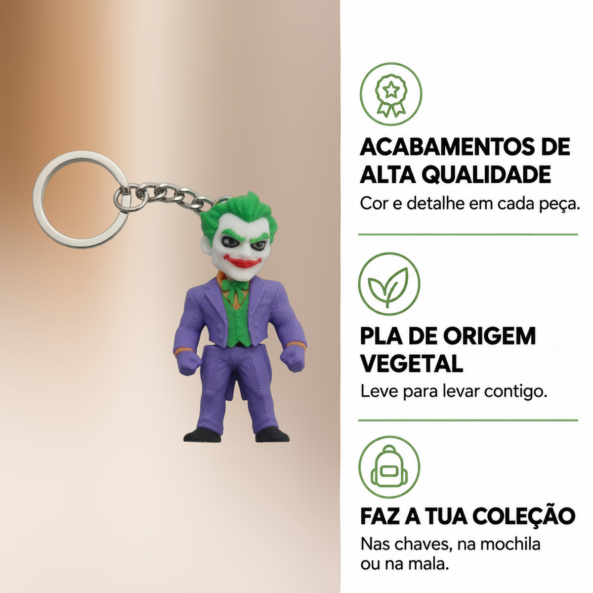 Porta-chaves Joker com fundo desfocado e informações sobre acabamentos, PLA e coleção.