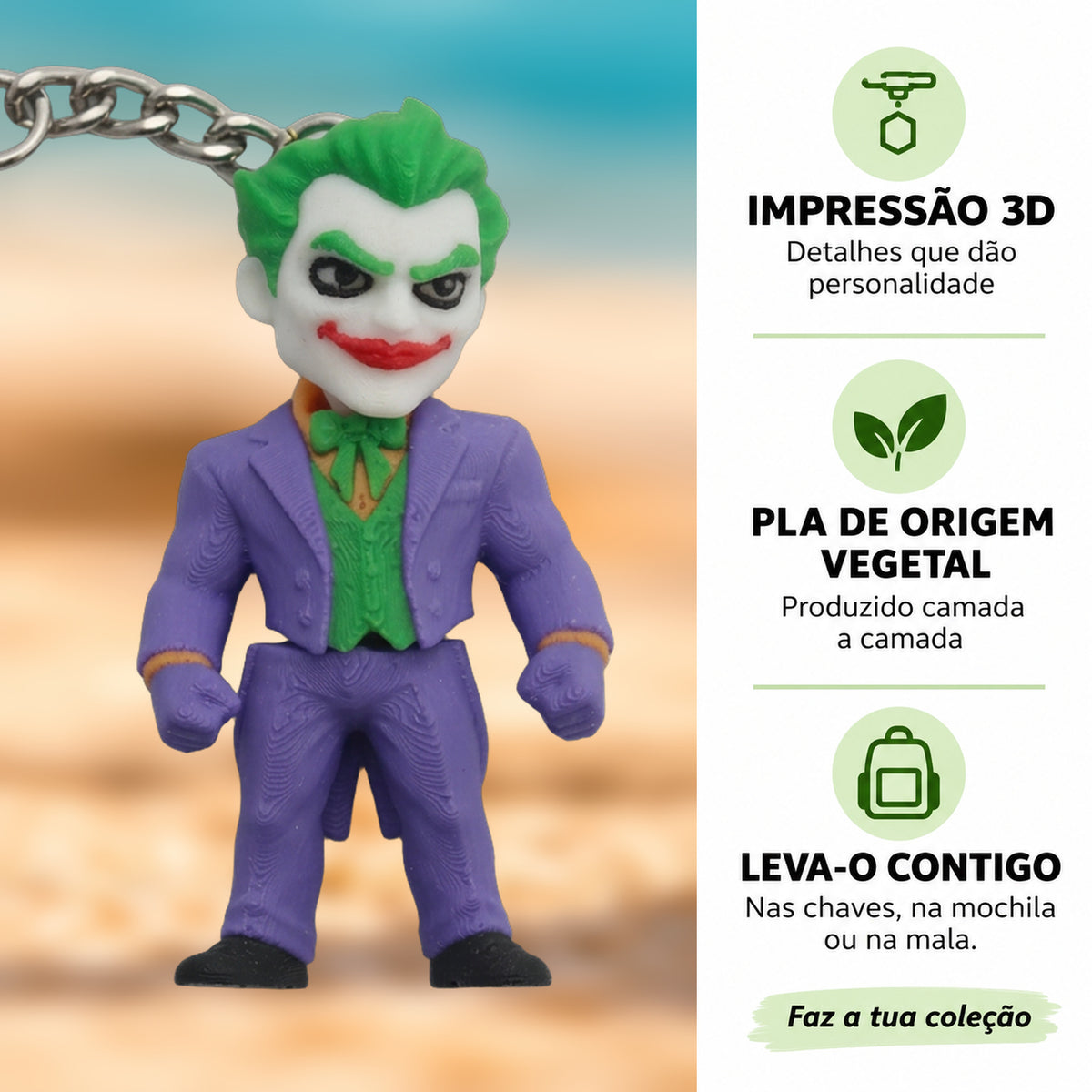 Porta-chaves Joker em destaque com fundo desfocado, impressão 3D e PLA de origem vegetal.
