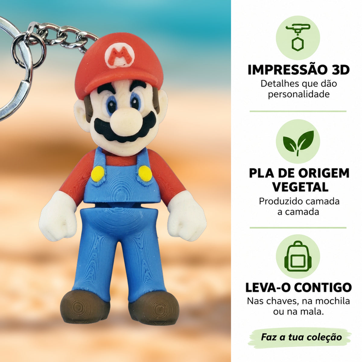 Porta-chaves Mario em destaque com fundo desfocado, impressão 3D e PLA de origem vegetal.