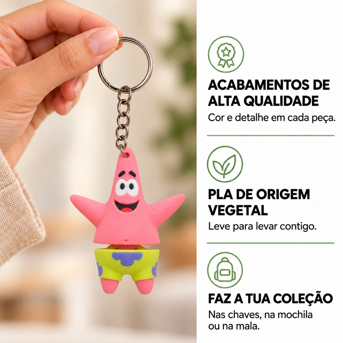 Porta-chaves Patrick numa mão, com informação sobre acabamentos, PLA de origem vegetal e coleção