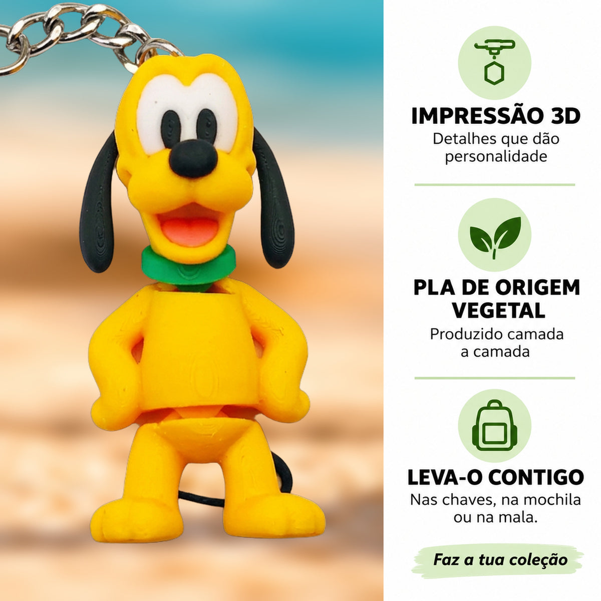Porta-chaves Pluto em destaque com fundo desfocado, impressão 3D e PLA de origem vegetal.