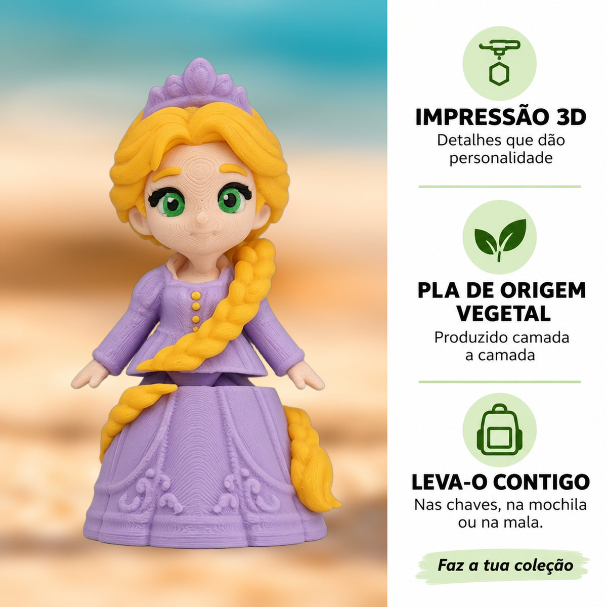 Porta-chaves Rapunzel em destaque com fundo desfocado, impressão 3D e PLA de origem vegetal.