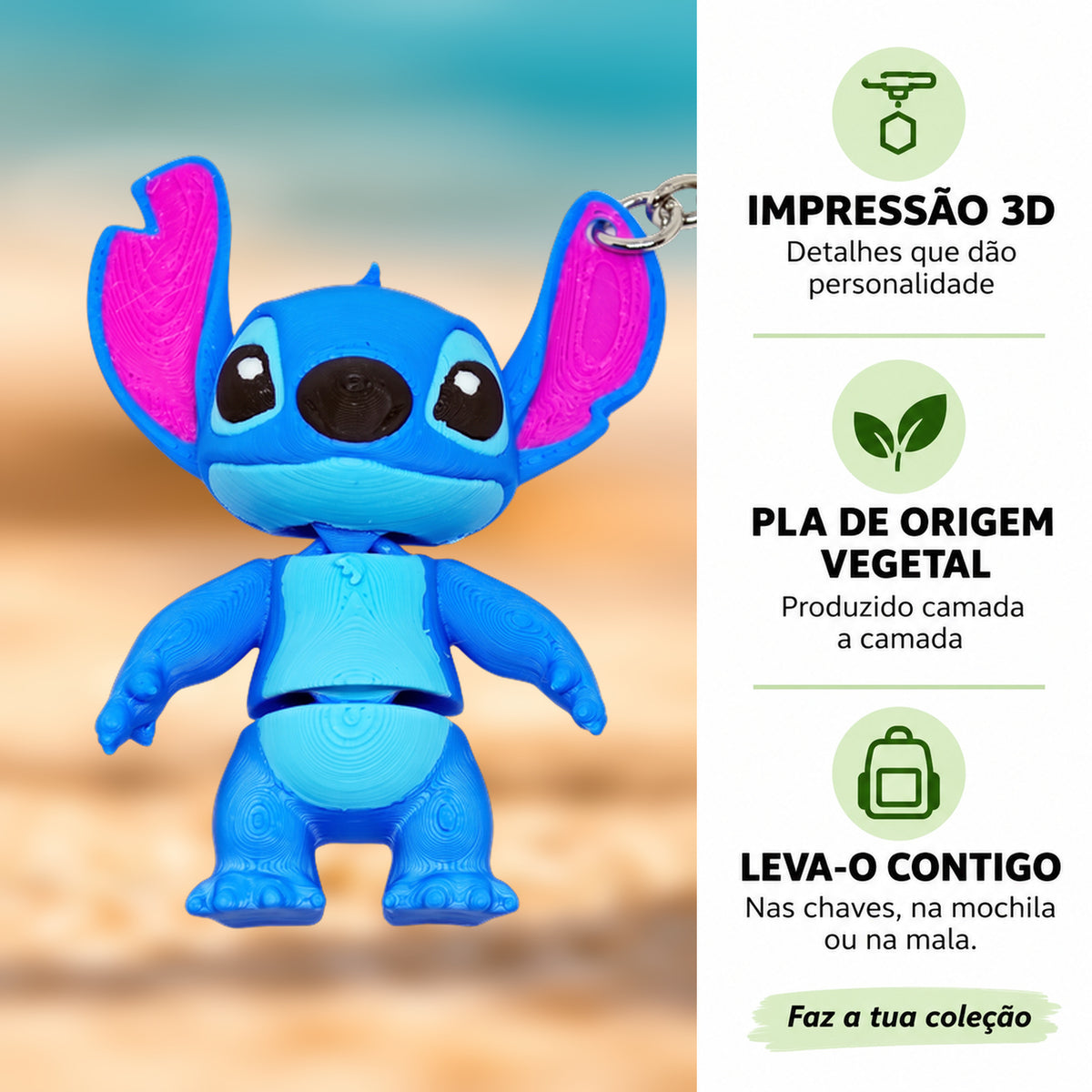 Porta-chaves Stitch em destaque com fundo desfocado, impressão 3D e PLA de origem vegetal.