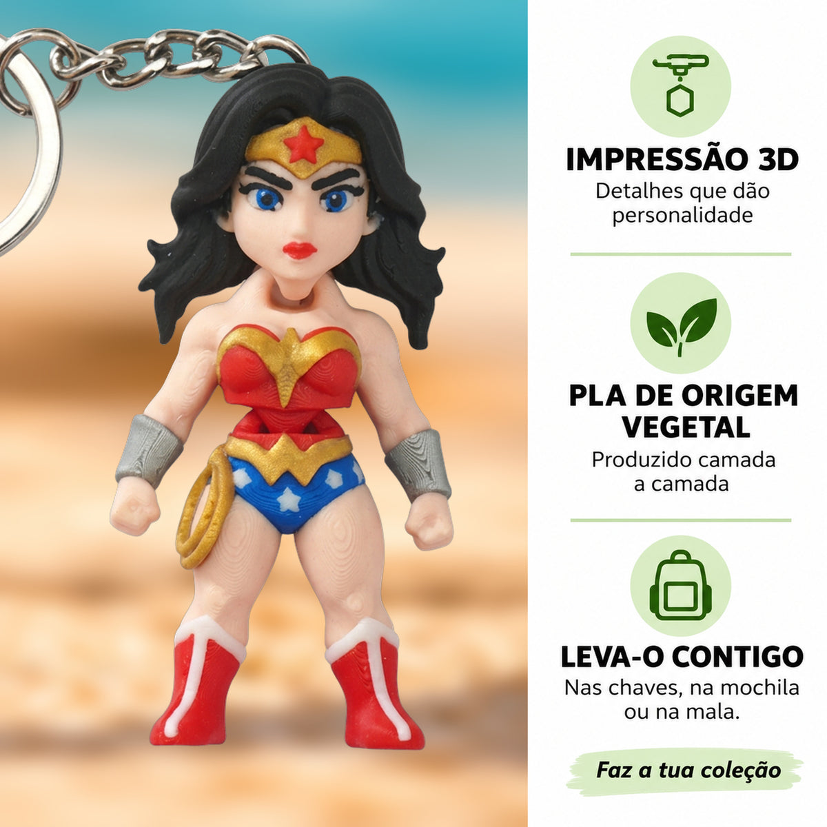 Porta-chaves Mulher-Maravilha em destaque com informações sobre impressão 3D e PLA