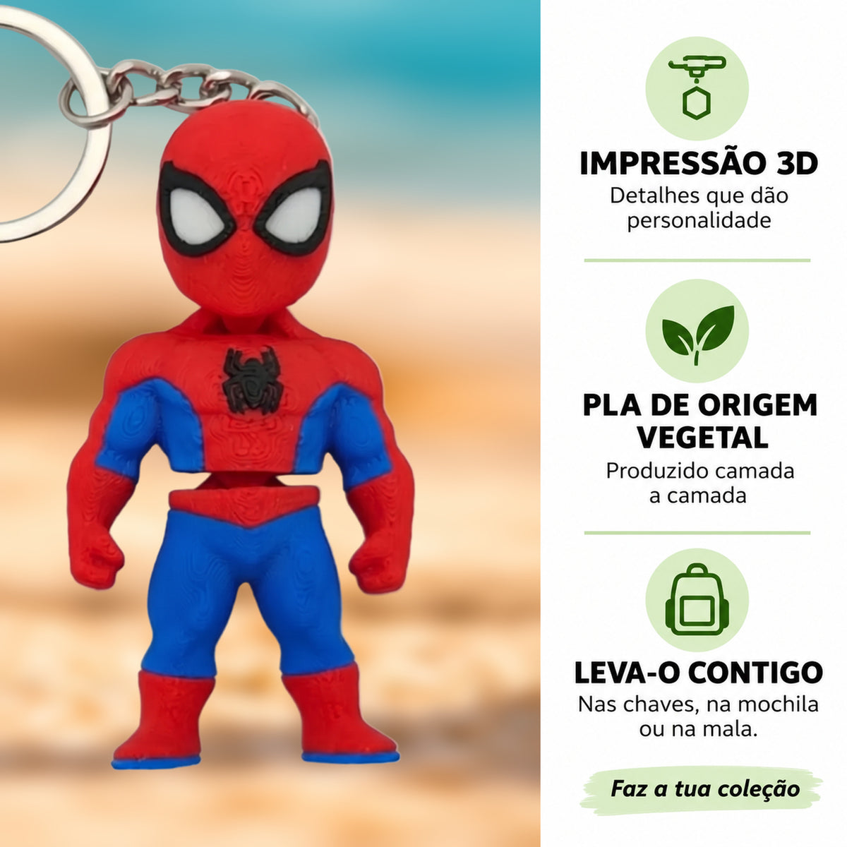 Porta-chaves Homem-Aranha em destaque com informações sobre impressão 3D e PLA