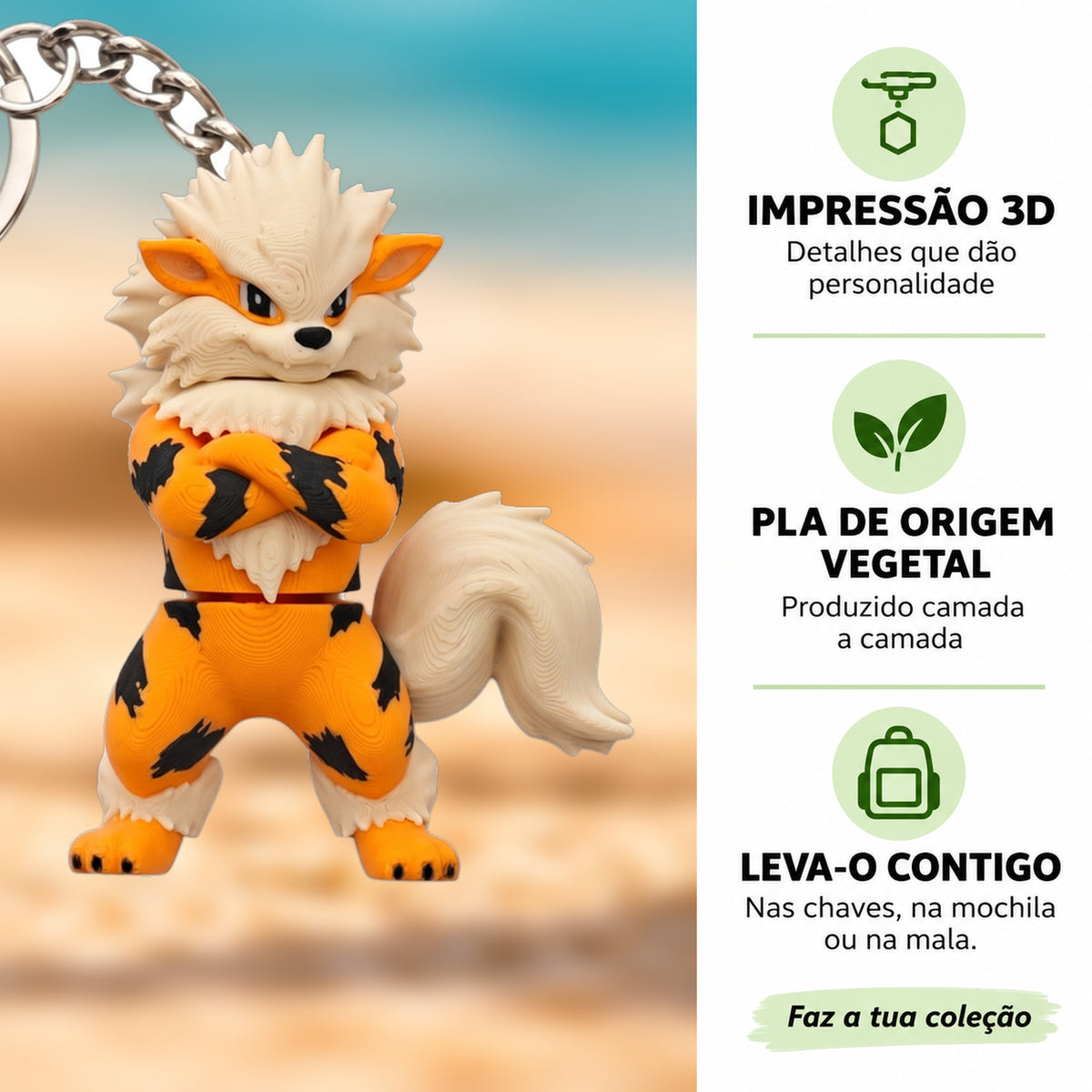 Porta-chaves Arcanine em destaque com informações sobre impressão 3D e PLA
