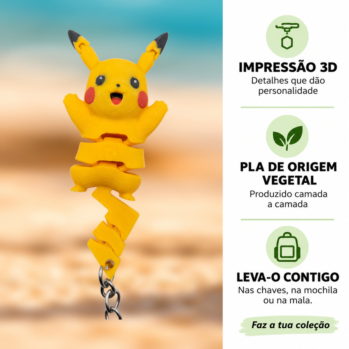 Porta-chaves Pikachu em destaque com informações sobre impressão 3D e PLA