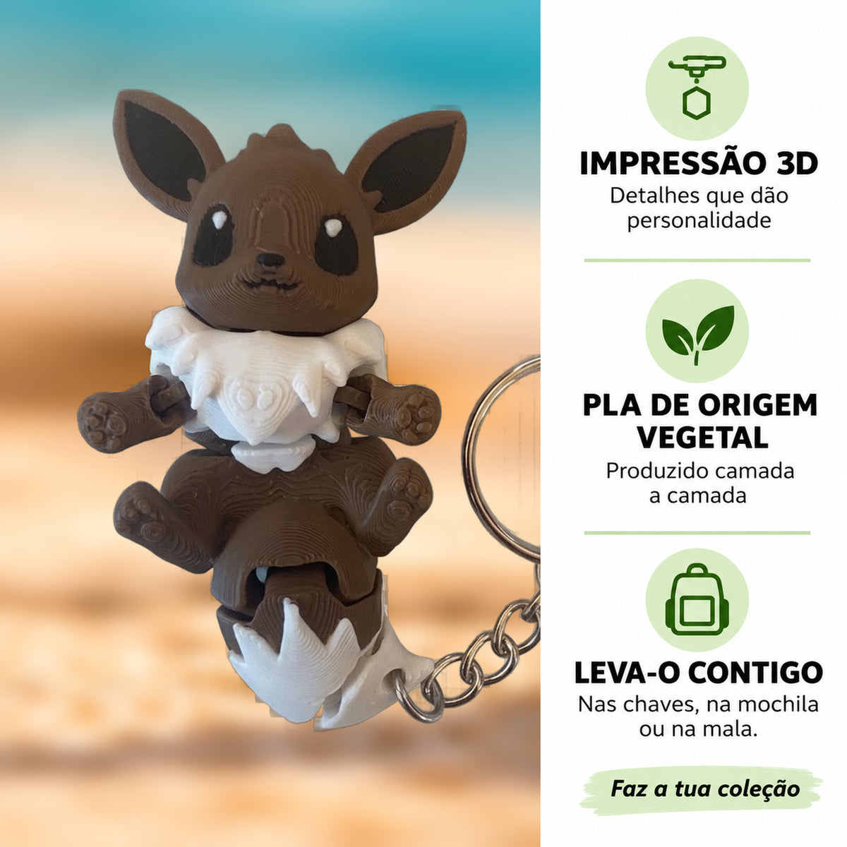 Porta-chaves Eevee em destaque com informações sobre impressão 3D e PLA