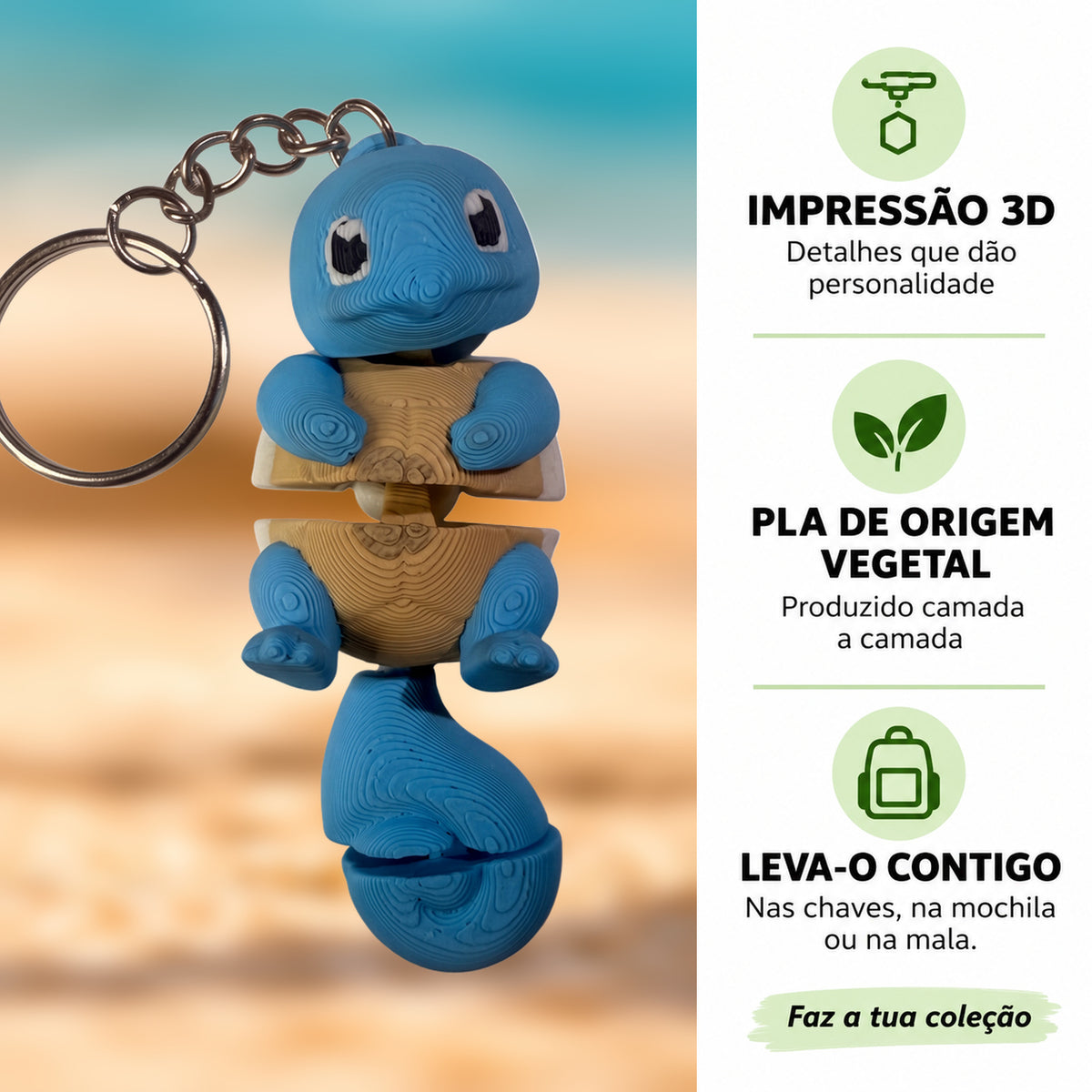 Porta-chaves Squirtle em destaque com informações sobre impressão 3D e PLA