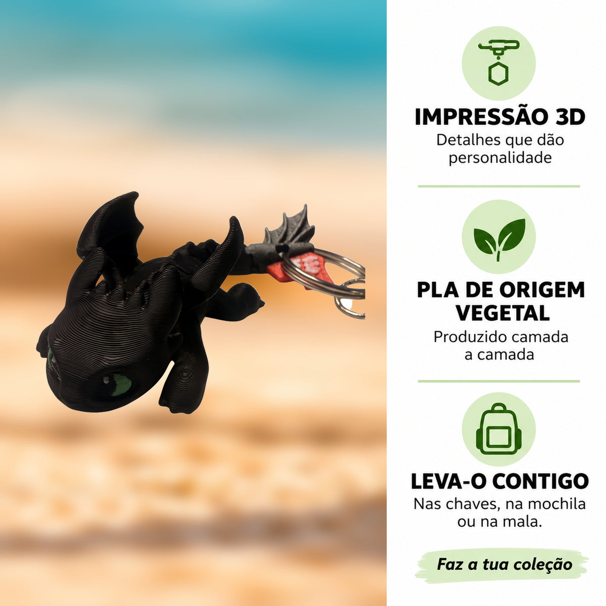 Porta-chaves Banguela Deitado em destaque com informações sobre impressão 3D e PLA