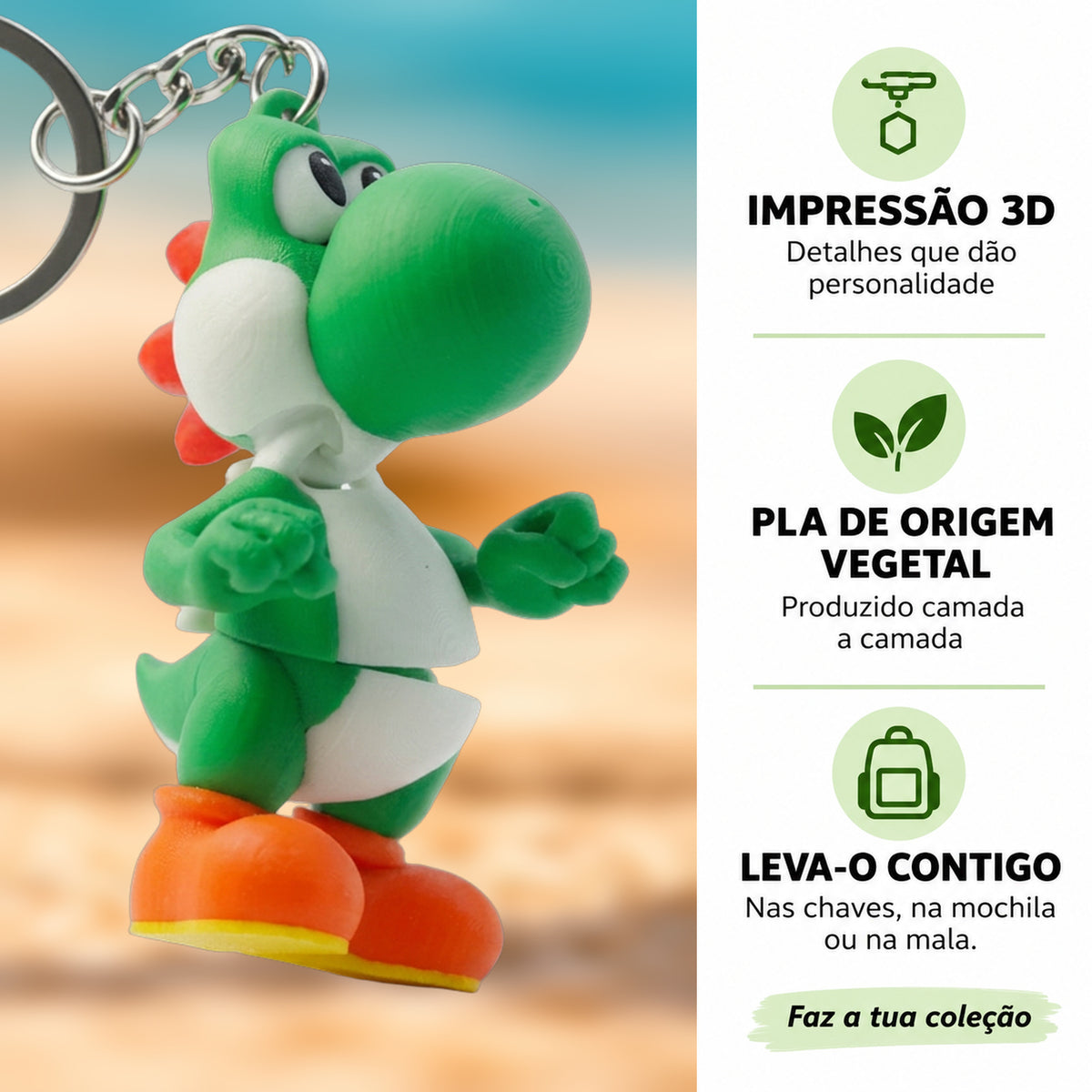 Porta-chaves Yoshi em destaque com fundo desfocado, impressão 3D e PLA de origem vegetal.
