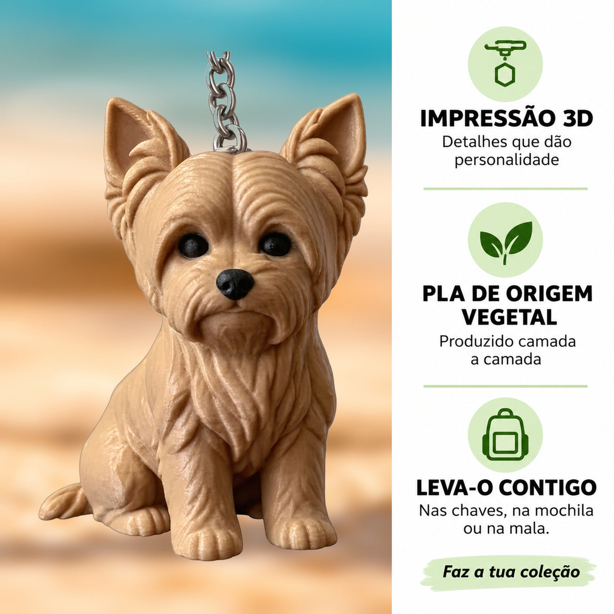 Porta-chaves Yorkshire em destaque com informações sobre impressão 3D e PLA