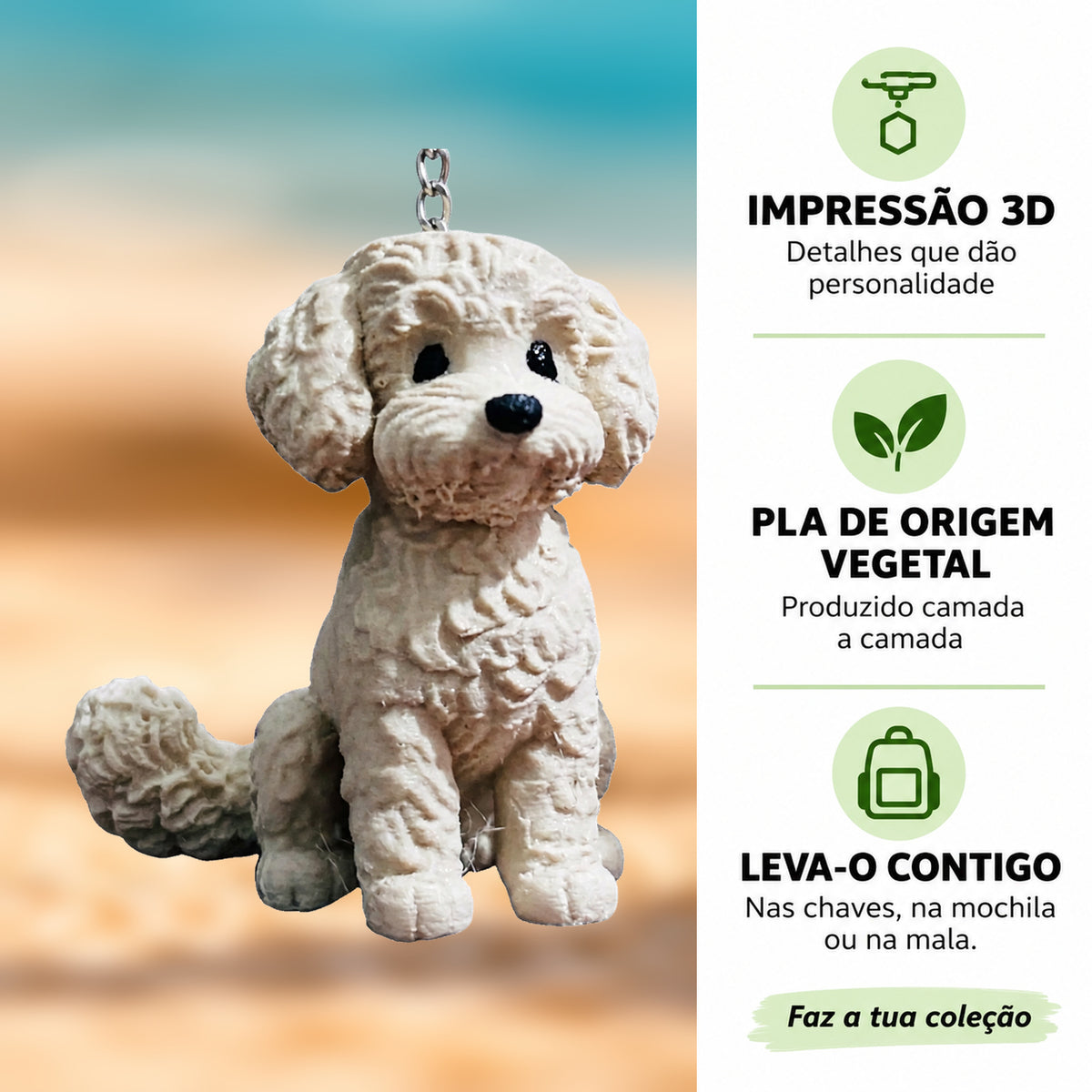 Porta-chaves Caniche em destaque com informações sobre impressão 3D e PLA
