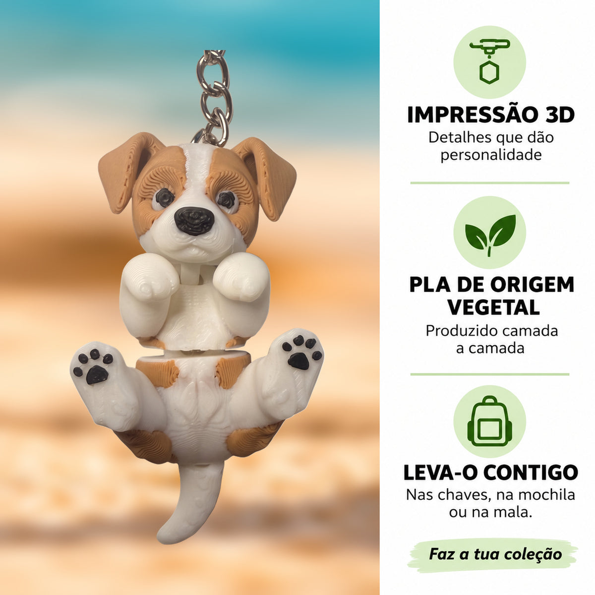 Porta-chaves Jack Russell em destaque com informações sobre impressão 3D e PLA