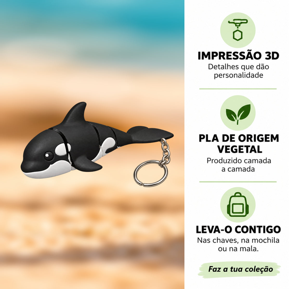 Porta-chaves Orca em destaque com informações sobre impressão 3D e PLA