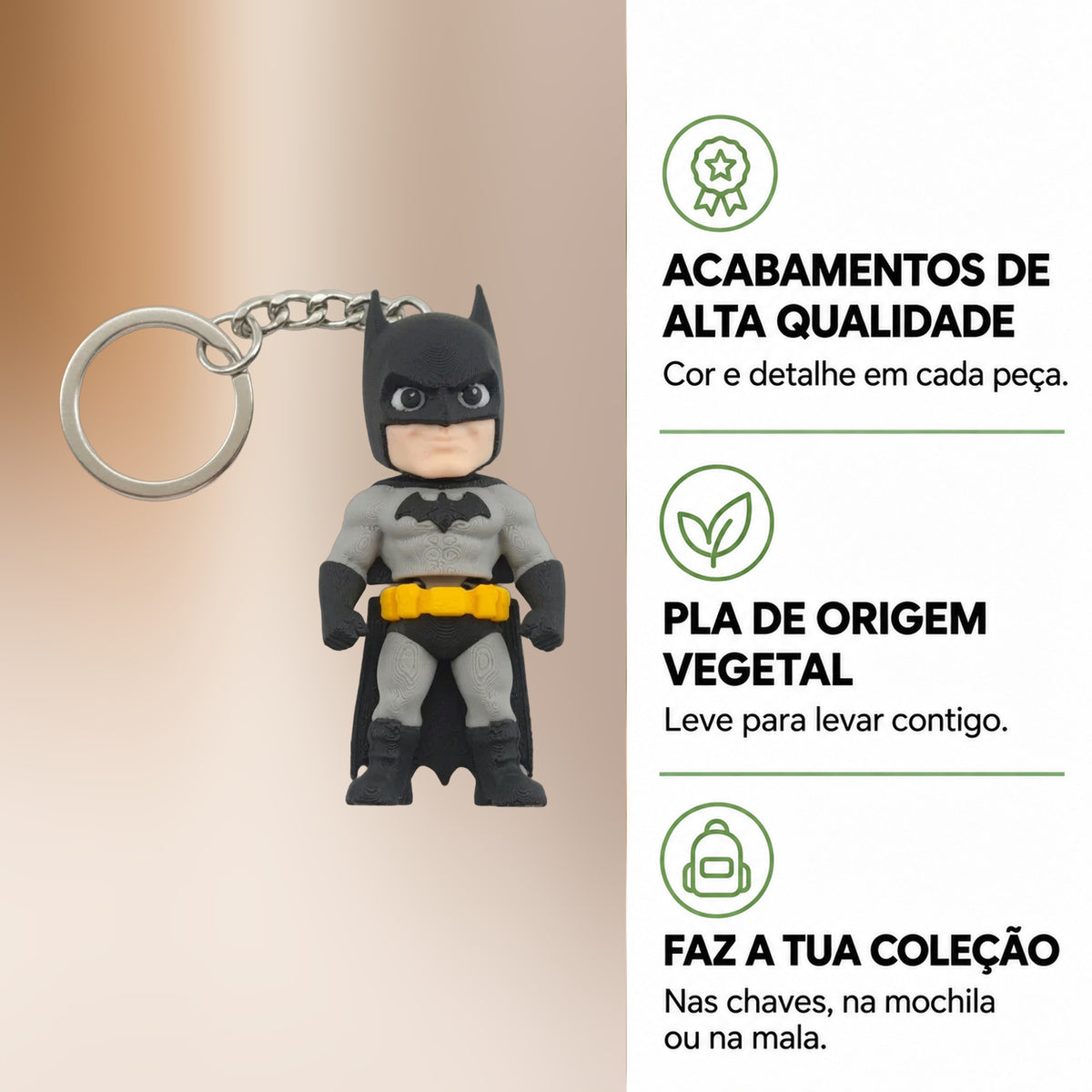Porta-chaves Batman com fundo desfocado e informações sobre acabamentos, PLA e coleção.