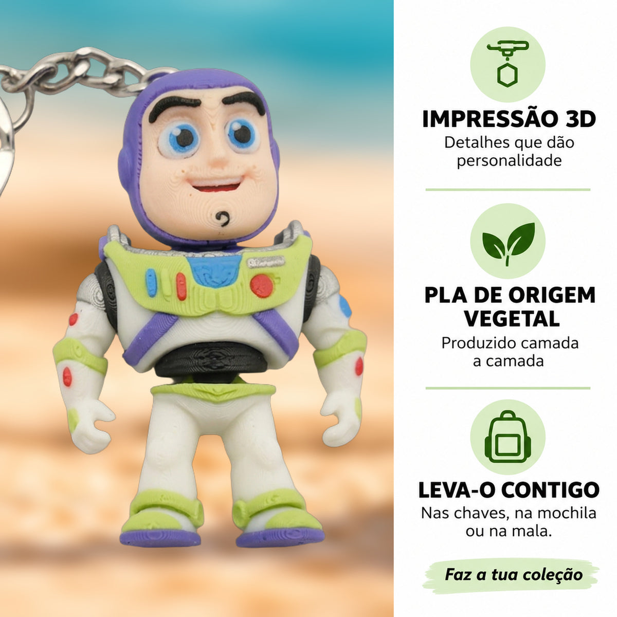 Porta-chaves Buzz Lightyear em destaque com fundo desfocado, impressão 3D e PLA de origem vegetal.