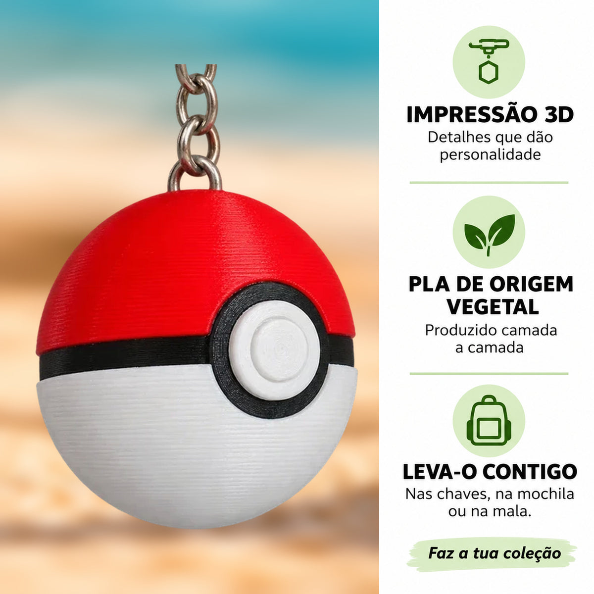Porta-chaves Clicker Pokébola em destaque com informações sobre impressão 3D e PLA
