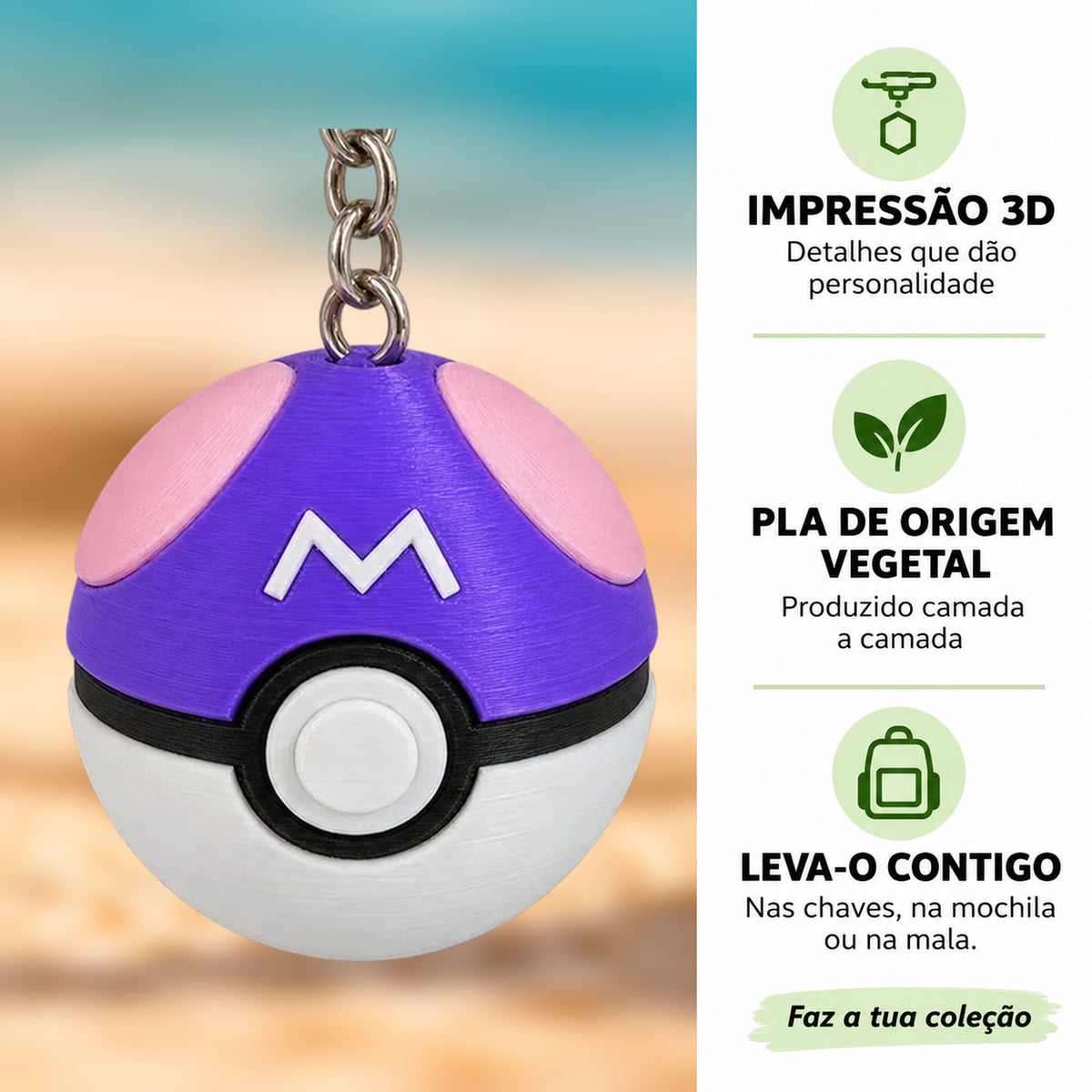 Porta-chaves Clicker Master Ball em destaque com informações sobre impressão 3D e PLA