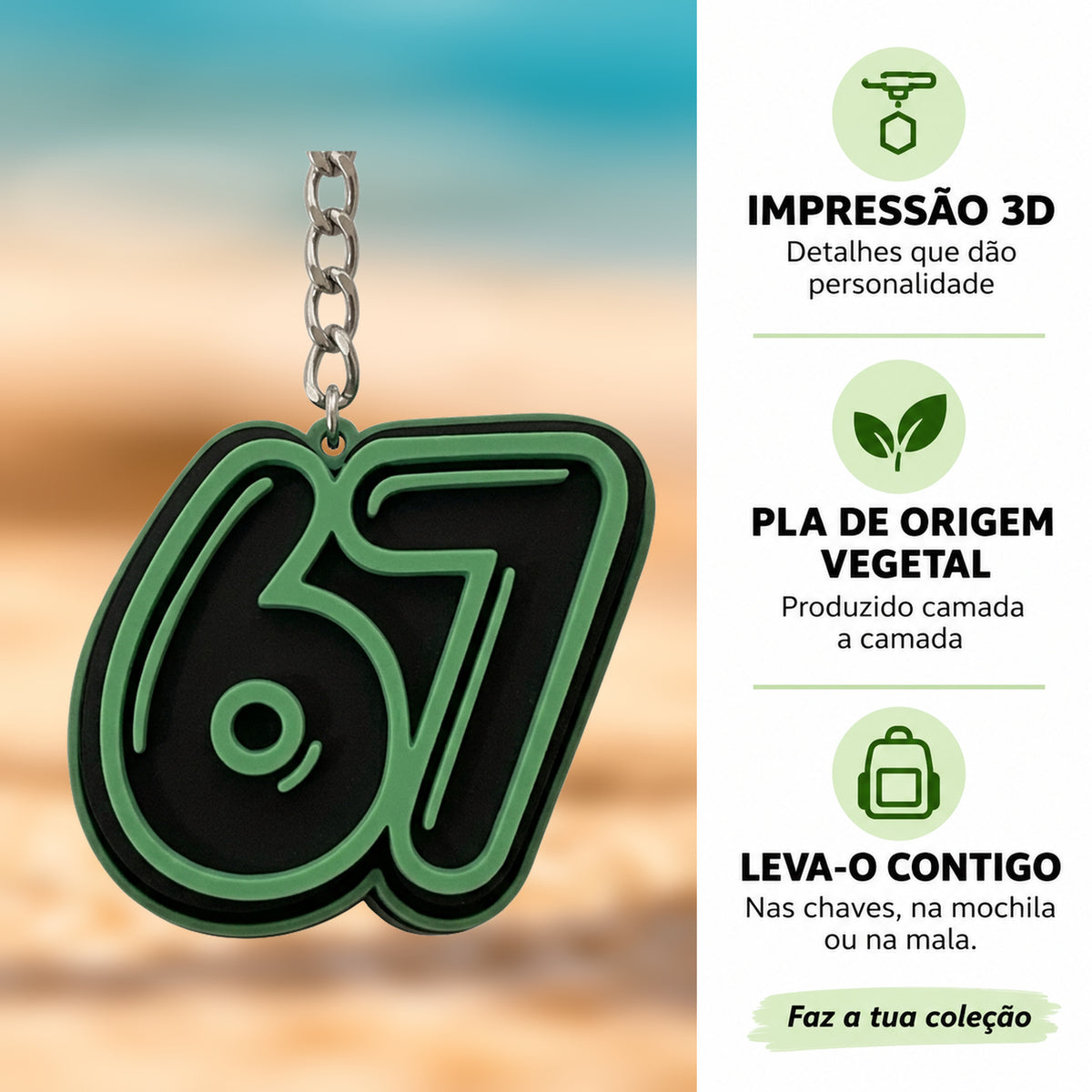 Porta-chaves Clicker SixSeven Verde em destaque com informações sobre impressão 3D e PLA