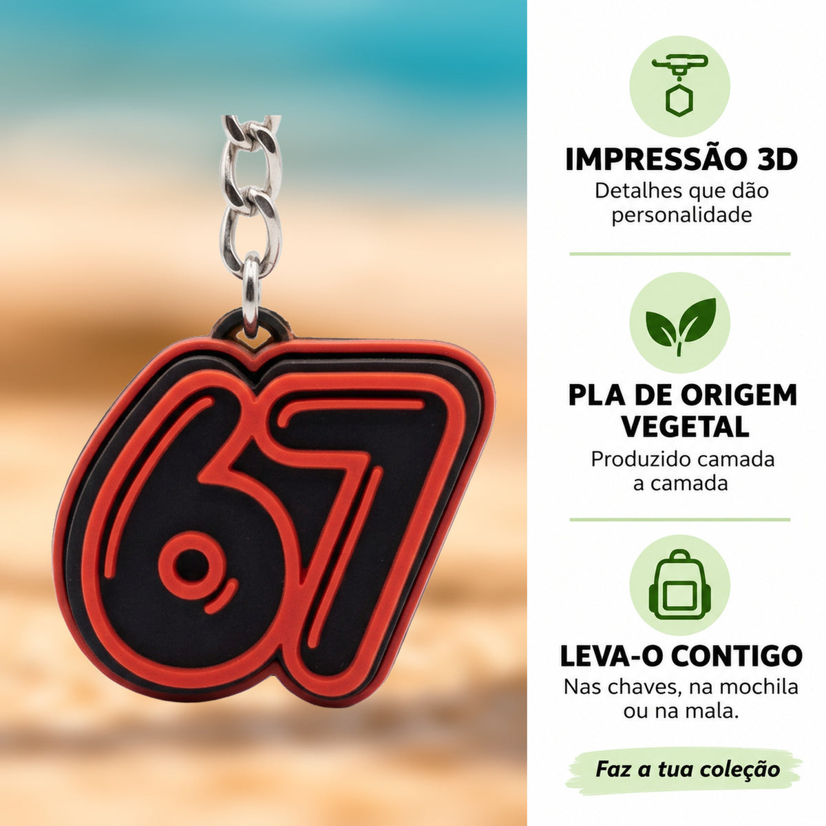 Porta-chaves Clicker SixSeven Vermelho em destaque com informações sobre impressão 3D e PLA