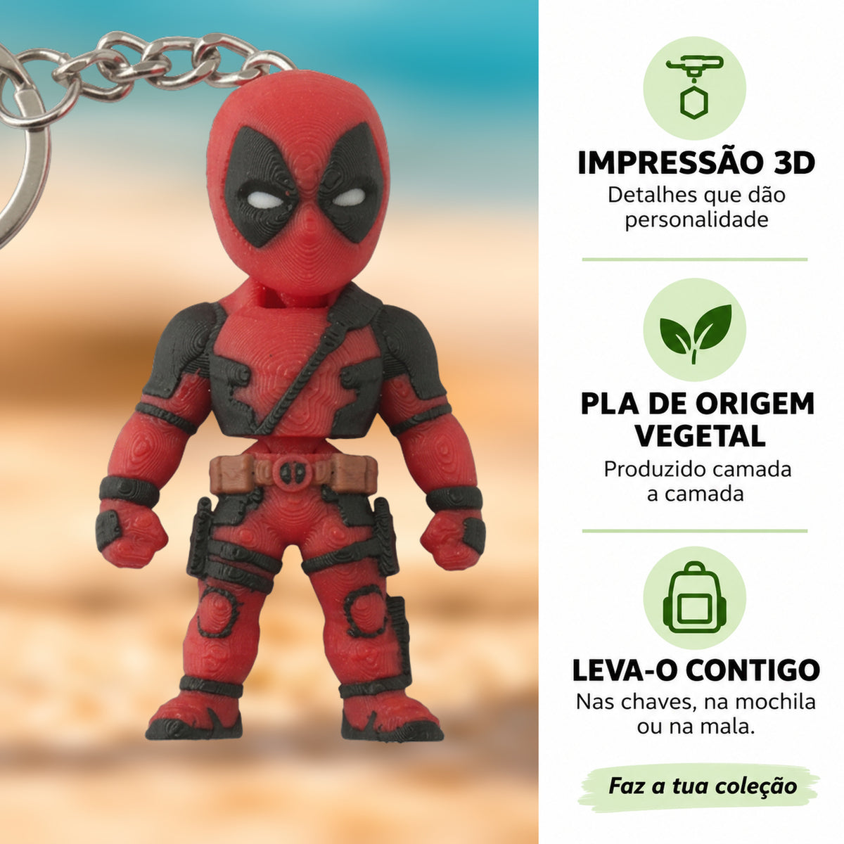 Porta-chaves Deadpool em destaque com fundo desfocado, impressão 3D e PLA de origem vegetal.