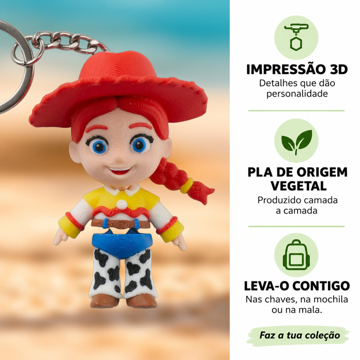 Porta-chaves Jessie em destaque com fundo desfocado, impressão 3D e PLA de origem vegetal.