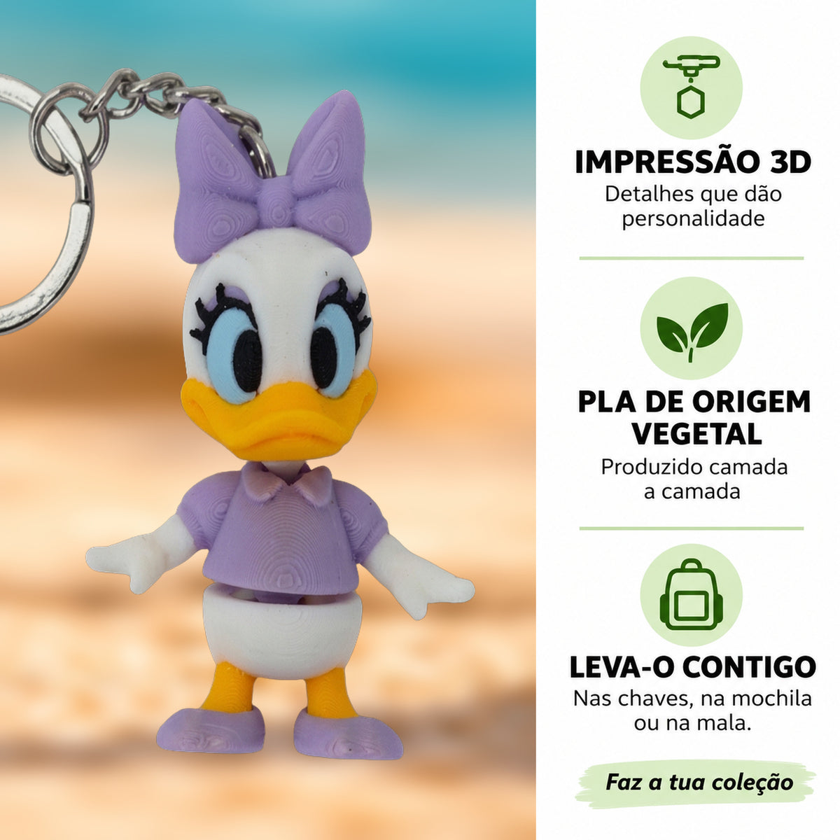 Porta-chaves Margarida em destaque com fundo desfocado, impressão 3D e PLA de origem vegetal.