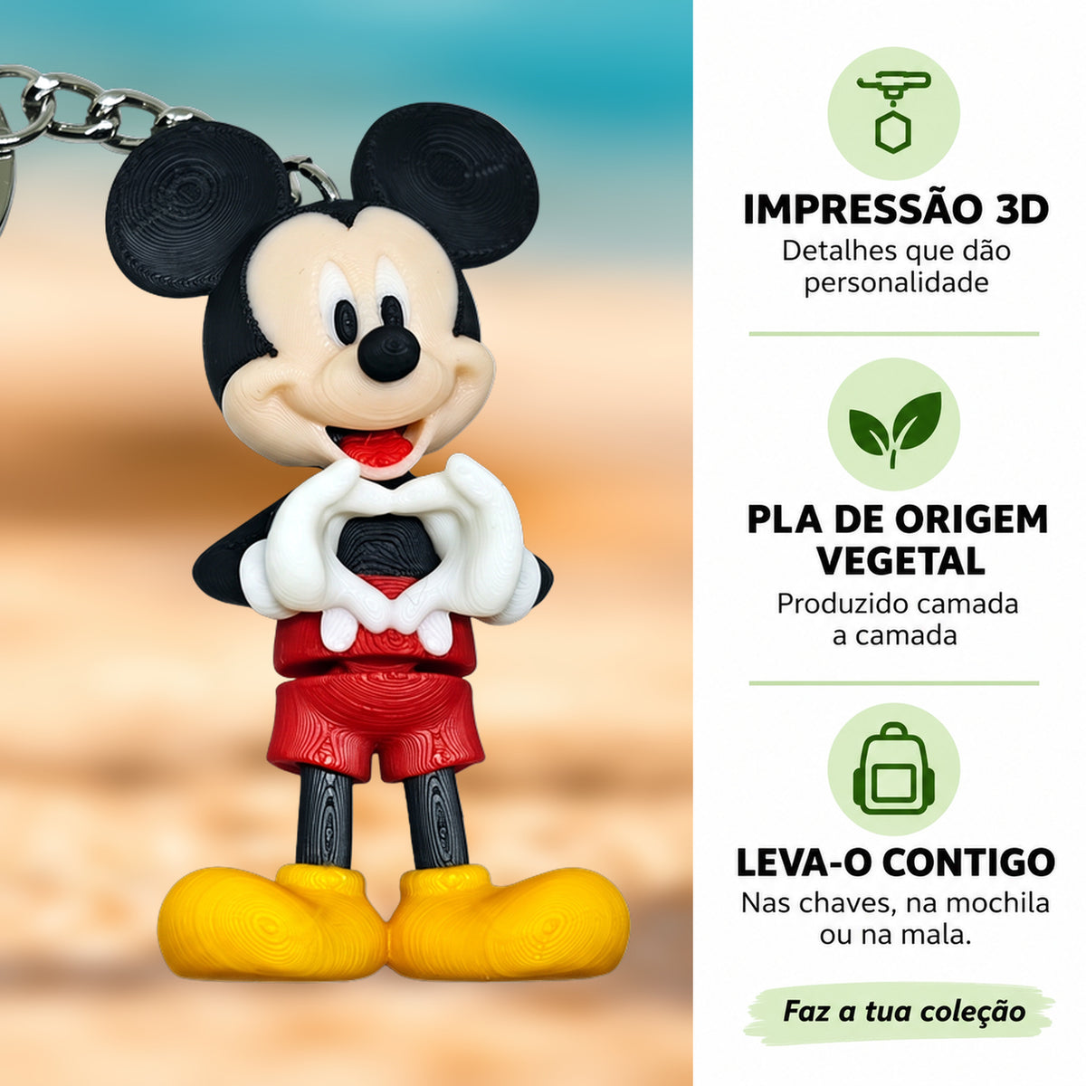 Porta-chaves Mickey em destaque com fundo desfocado, impressão 3D e PLA de origem vegetal.