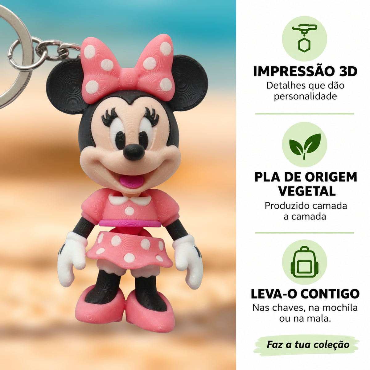 Porta-chaves Minnie em destaque com fundo desfocado, impressão 3D e PLA de origem vegetal.