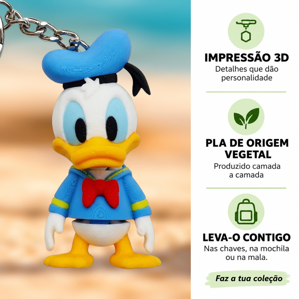 Porta-chaves Pato Donald em destaque com fundo desfocado, impressão 3D e PLA de origem vegetal.