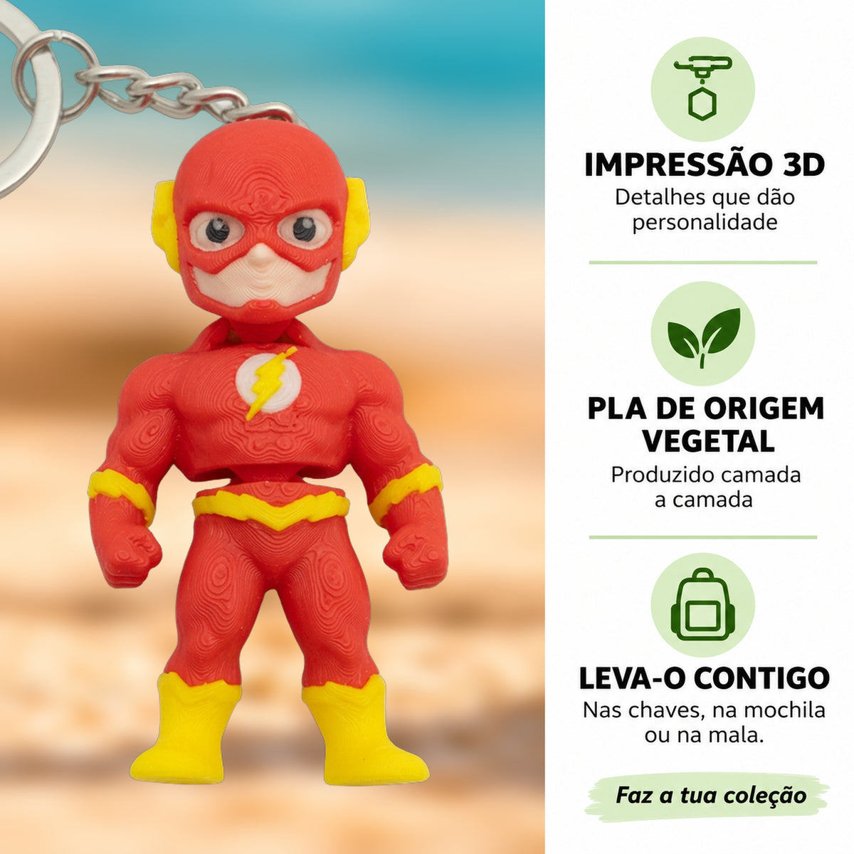 Porta-chaves Flash em destaque com informações sobre impressão 3D e PLA