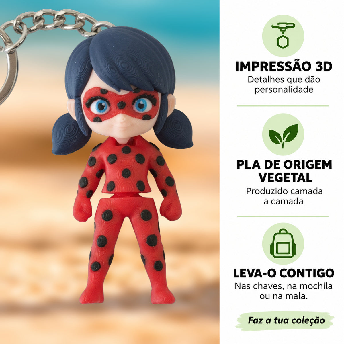 Porta-chaves Ladybug em destaque com informações sobre impressão 3D e PLA