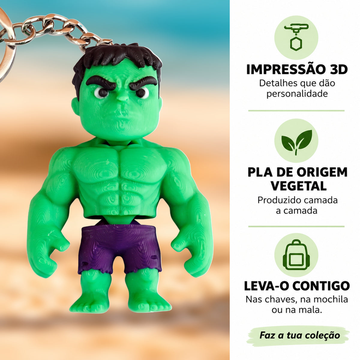 Porta-chaves Hulk em destaque com informações sobre impressão 3D e PLA