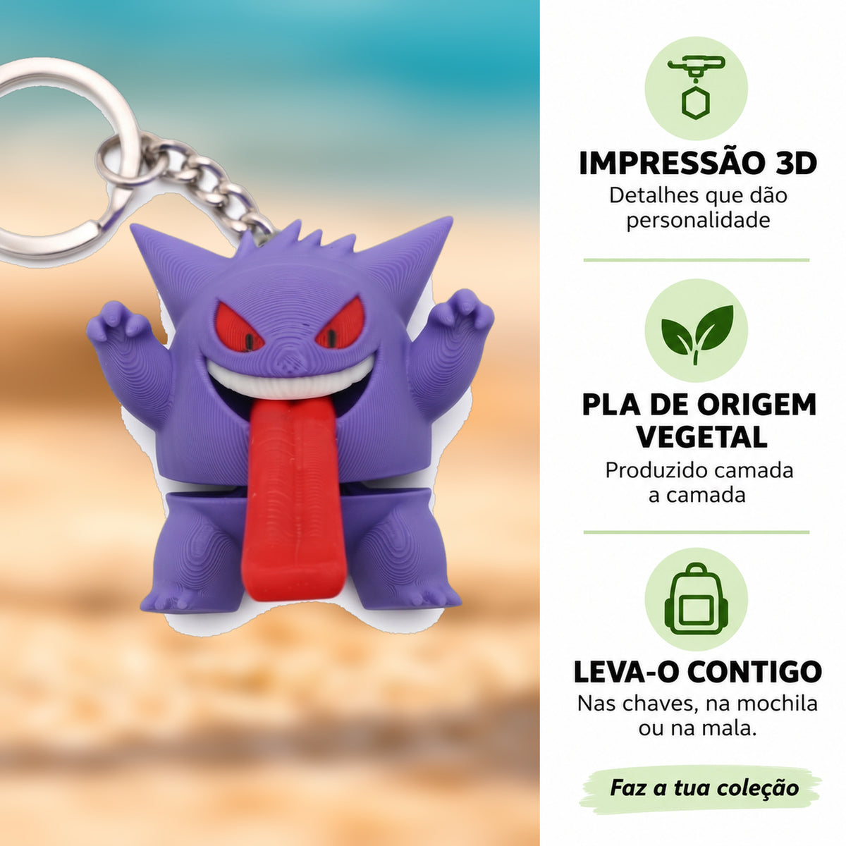 Porta-chaves Gengar em destaque com informações sobre impressão 3D e PLA